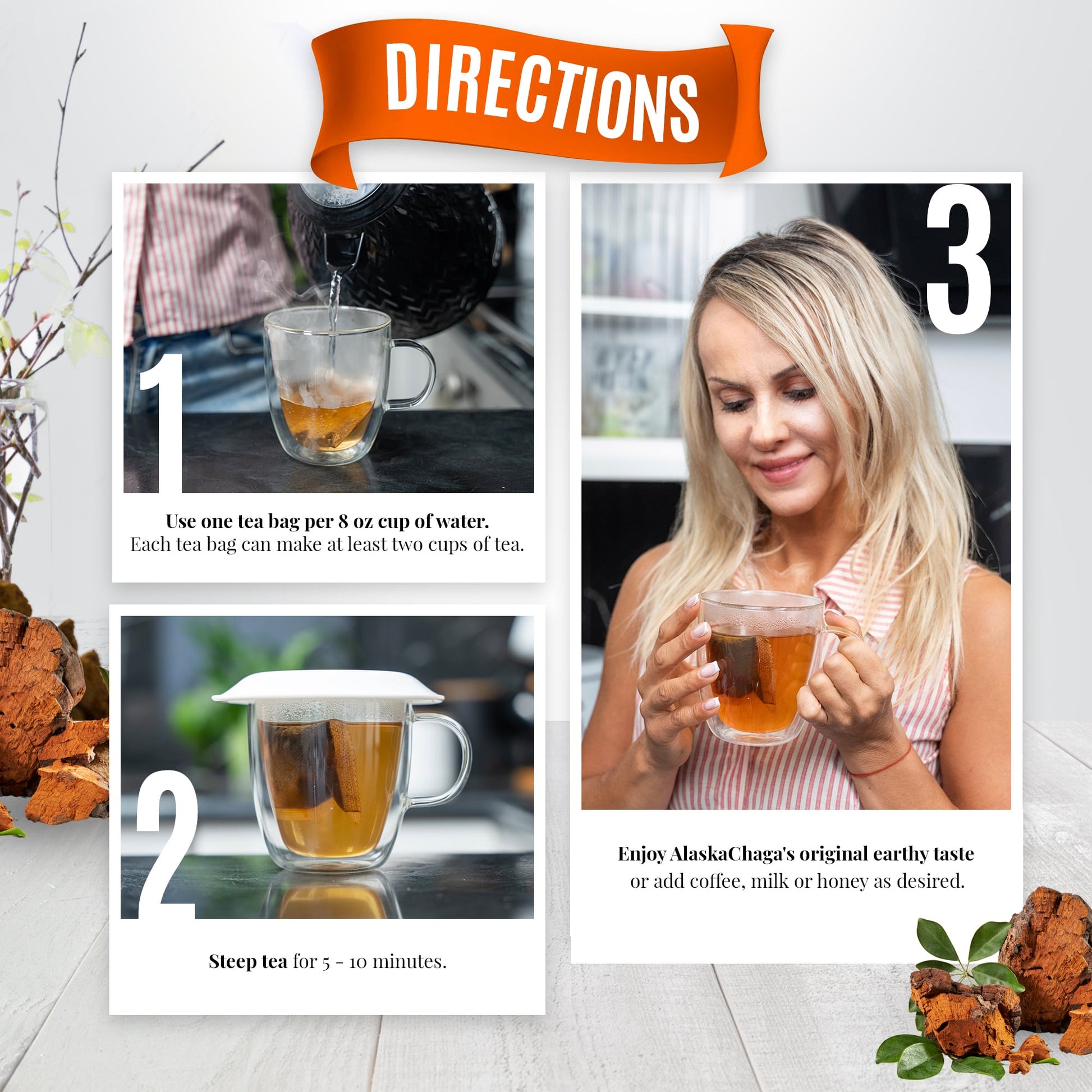 Brewing directions for Alaska Chaga tea bags: use one bag per 8 oz water, steep 5 to 10 minutes, then enjoy