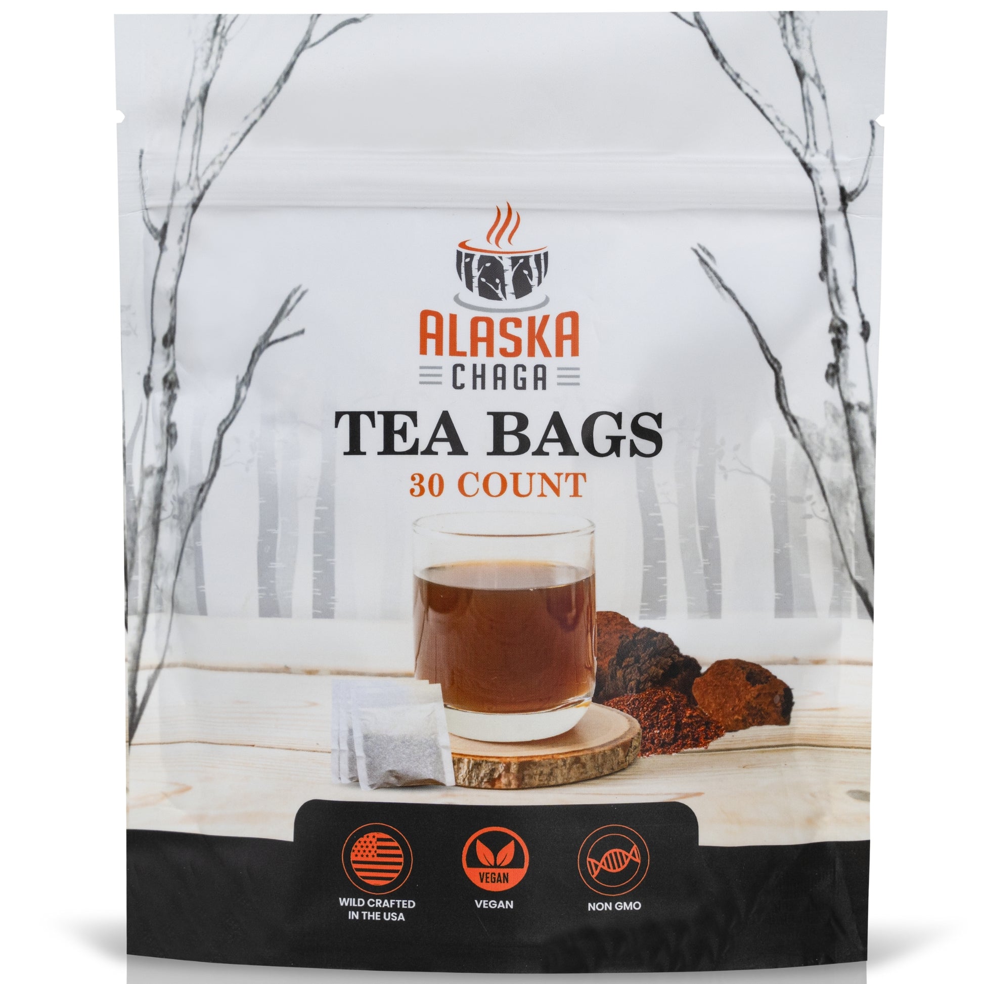 Alaska Chaga Tea Bags pouch, 30 count, showing a glass of brewed chaga tea and a chaga chunk