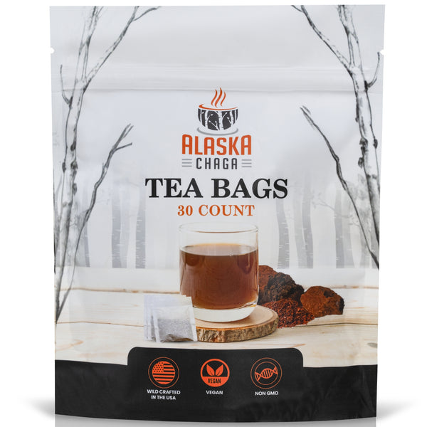 Mushroom Tea Bags 30ct - Wild Harvested from Alaska Paper Birch Trees, Caffeine Free, Bleach Free. Rich in Antioxidants, Vitamins, Made in USA.