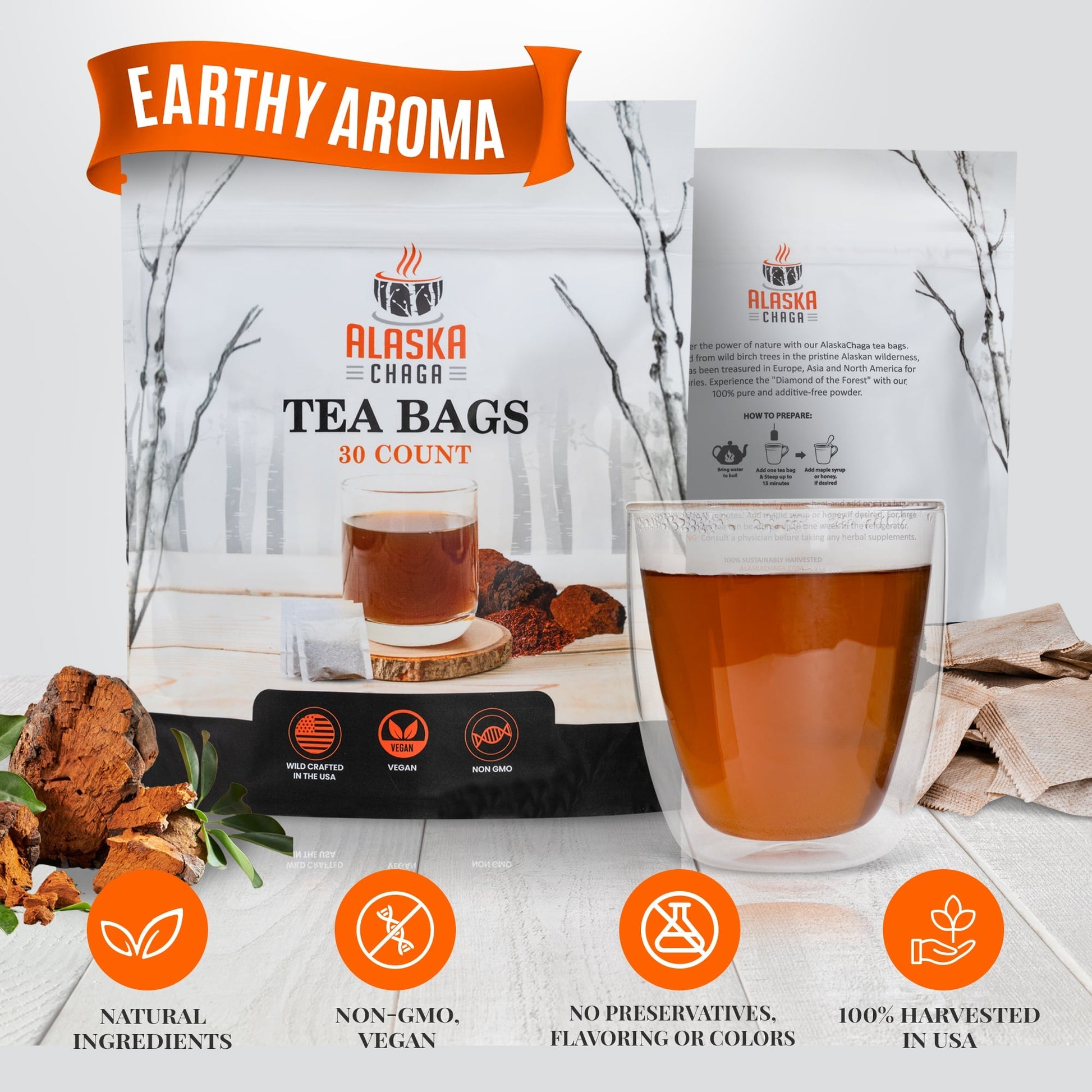 Alaska Chaga tea bags box and brewed tea, labeled natural, non-GMO, and US-harvested